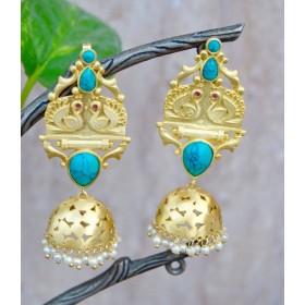 Gold Matte Turquoise Swan Jhumka Earrings